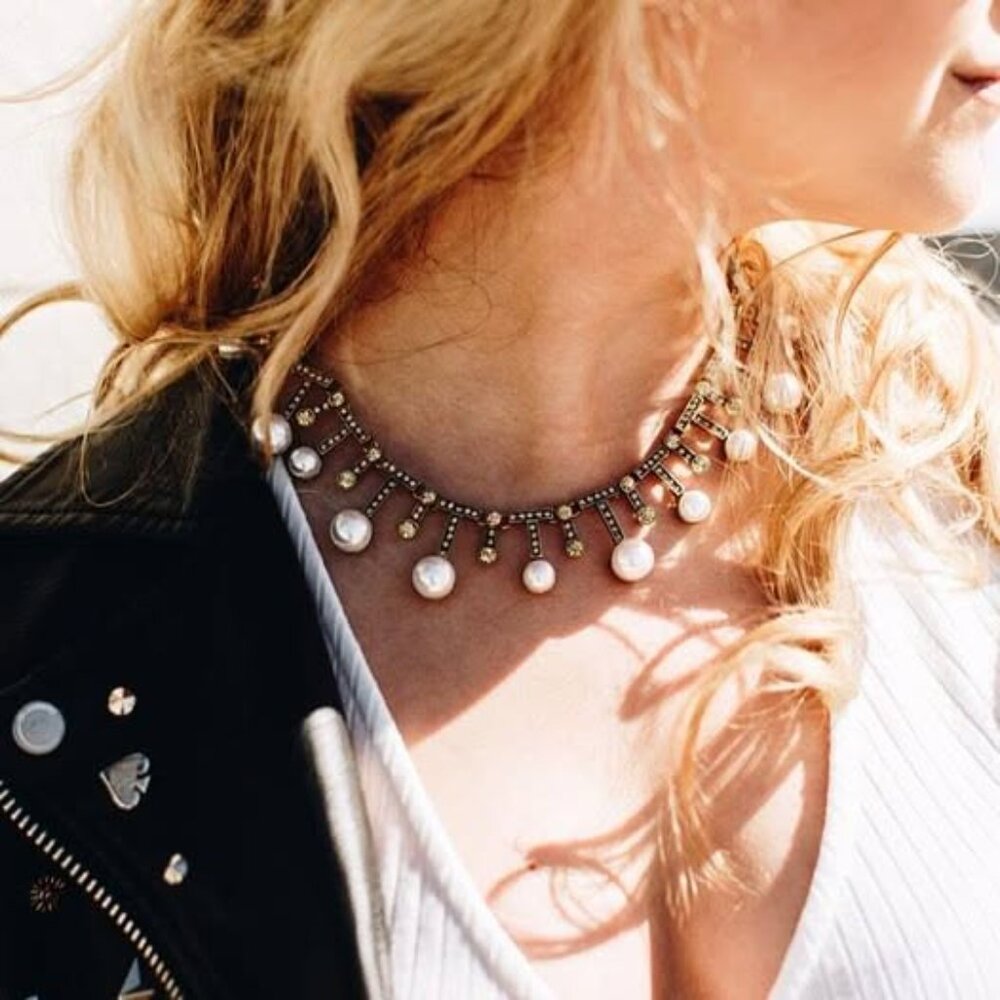 NWOT 7 Charming Sisters “Modern Icon” Faux Pearl‎ & Crystal Statement Necklace